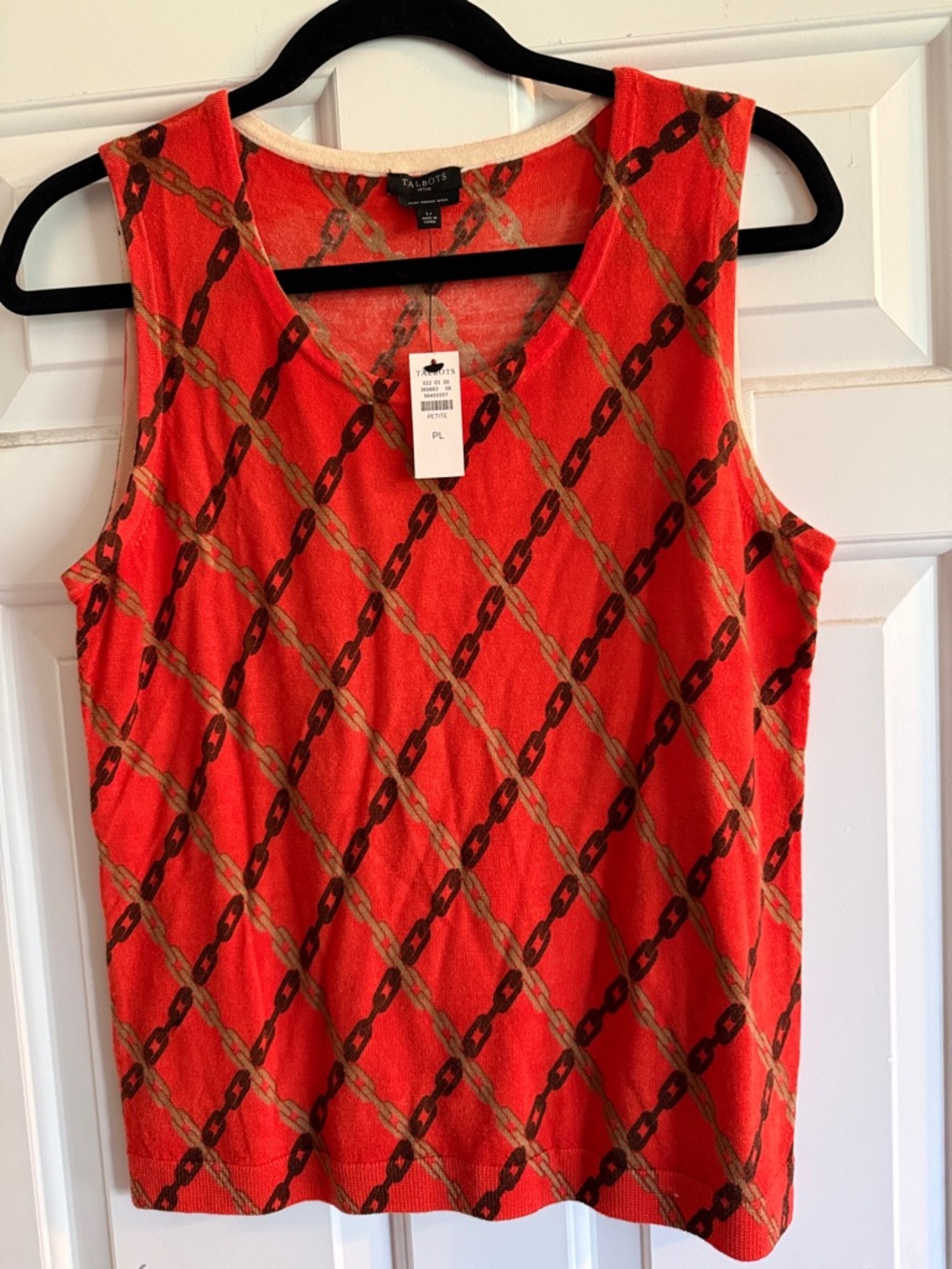 Talbots Orange Merino Chain-Link Print V-Neck Tank